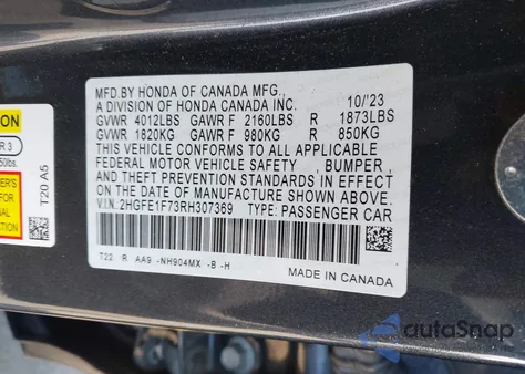 2024 Honda Civic Ex z USA, uszkodzony, nr VIN 2HGFE1F73RH307369